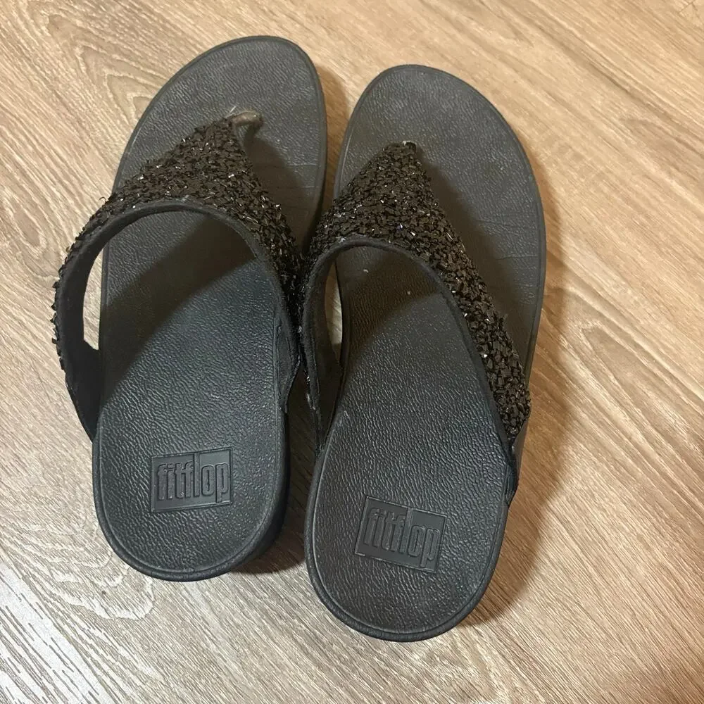 FitFlop Lulu CJ2-090 Black Shimmer Beaded Thong Sandals Size 9 EU 41​